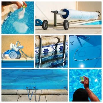 Collage maintenance of a private pool Stock Photos