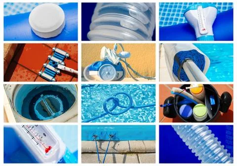 Collage maintenance of a private pool Stock Photos