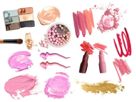 Collage of make up cosmetics on white background. Beauty and makeup concept Stock Photos