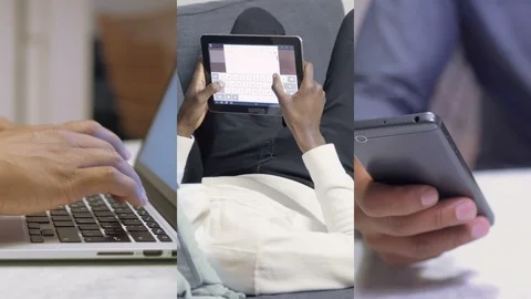 Collage of male hands typing on tablet, laptop and smartphone Stock Footage 104310133