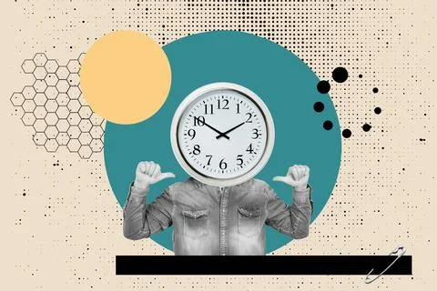 Collage of a man with a clock in the head and with the thumbs pointing to it Illustrazione stock