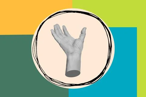 Collage of a man hand doing holding gesture on a white circle Stock Illustration