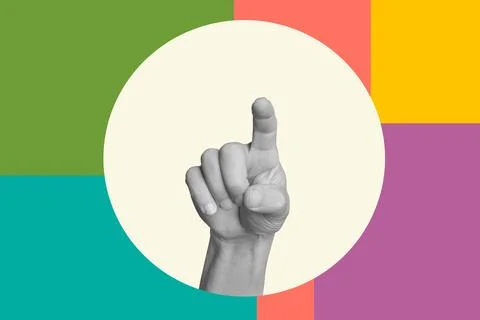 Collage of a man hand doing push gesture in a front view on a white circle 스톡 사진