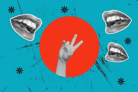 Collage of a man hand doing victory gesture on a red circle on a blue background Stock Photos