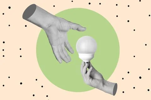 Collage of a man hand giving to another man hand a light bulb on a green ci.. Stock Illustration