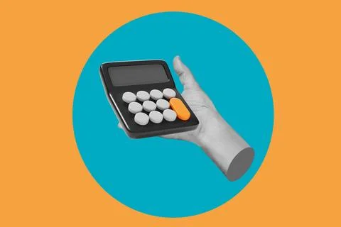 Collage of man hand holding a calculator on a blue circle on a brown backgroud Stock Illustration