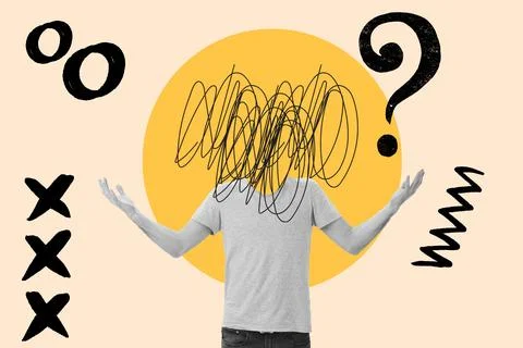 Collage of a man with open arms and a scribble on the head on an orange cirle Stock Illustration