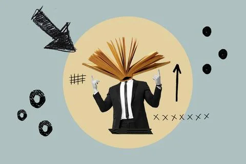 Collage of a man with an open book in the head and fingers pointing upwards Stock Illustration