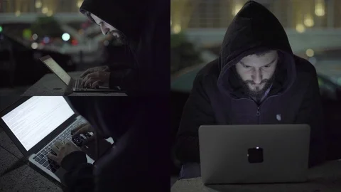 Collage of man sitting outside at night, working on laptop Stock Footage 111344944