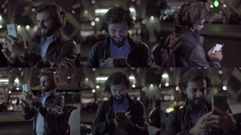 Collage of man standing outside, typing on phone, smiling Stock Footage 110500921