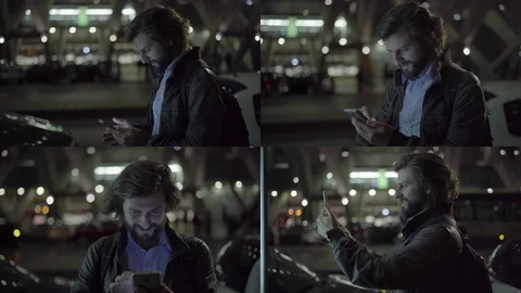 Collage of man standing outside, typing on phone, smiling Stock Footage 110505183