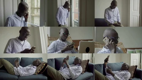 Collage of man talking and typing on phone, working on laptop Stock Footage 110507116