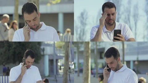Collage of man talking on phone, looking upset, massaging head Stock-Footage 106751716