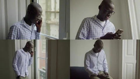 Collage of man talking on phone, sitting on sofa, texting Stock-Footage 110506115
