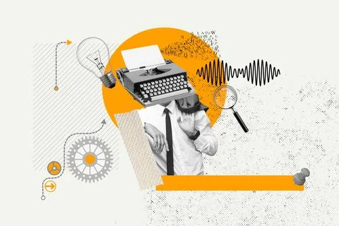 Collage of a man with a typewriter in the head on a background with a lamp,.. Stock Illustration