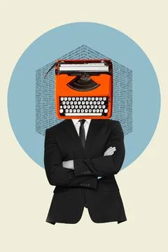 Collage of a man with a typewriter in the head on a blue circle Stock Illustration
