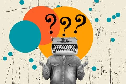 Collage of a man with a typewriter in the head, with open hands gesture Stock Illustration