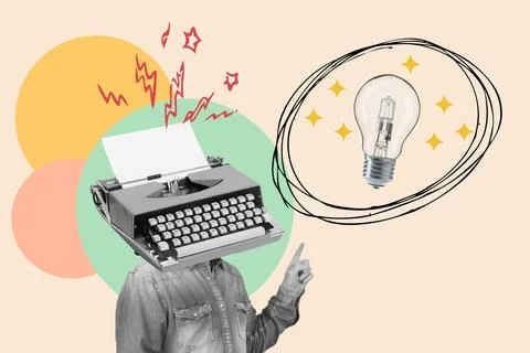 Collage of a man with a typewriter in the head, with pointing hand gesture .. Stock Illustration
