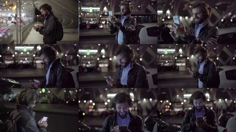 Collage of man typing, having video chat on phone, windowgazing Stock Footage 110503716