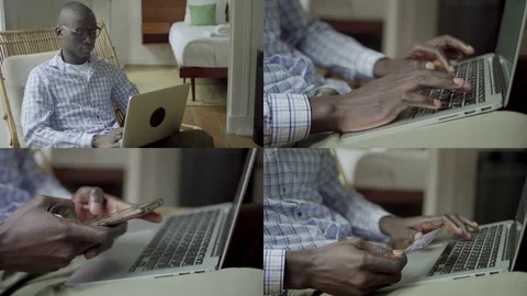 Collage of man typing on laptop and phone, paying online Stock-Footage 110508646