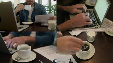 Collage of man typing on PC, studying documents, drinking coffee Video stock 106192941
