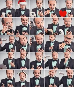 Collage of man using phone in different emotions Foto stock