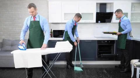 Collage. the man working at the house, irons clothes, sweeps and bakes pies Stock Illustration