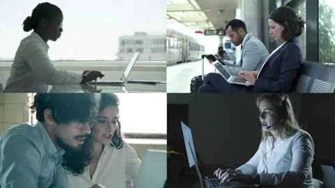 Collage of managers using laptop for work Stock Footage 132940629