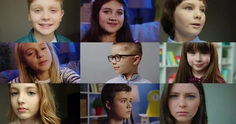 Collage of many different children smiling to camera at home. Cute little Stock Footage 137601282