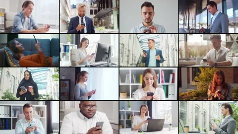 Collage with many different people using smartphone devices. Set collection of Stock Footage 204091768