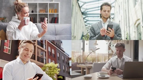 Collage with many different people using smartphone devices. Set collection of Stock Footage 287250104
