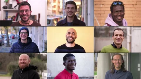 Collage of many diverse multi-ethnic men in good mood Stock Footage 219434756