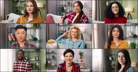 Collage of many diverse people of posing indoor at home. Multi-ethnic males and Stock Footage 202287382