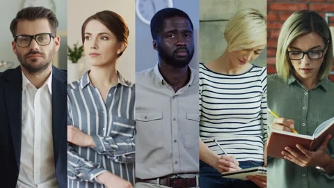 Collage of many multi-ethnic employees indoor. Beautiful Caucasian woman writing Video stock 137528166