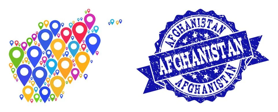 Collage Map of Afghanistan with Map Pointers and Textured Stamp Stock Illustration