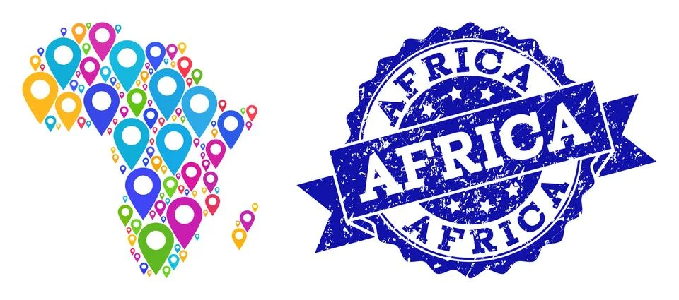 Collage Map of Africa with Map Pointers and Textured Stamp Stock Illustration