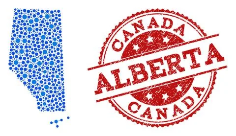 Collage Map of Alberta Province with Connected Points and Scratched Seal Stock Illustration