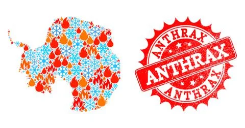 Collage Map of Antarctica of Flame and Snow and Anthrax Grunge Seal Stock Illustration