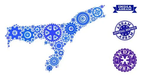 Collage Map of Assam State with Gear Wheels and Rubber Stamps for Service Illustrazione stock