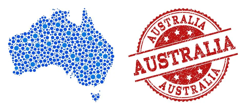 Collage Map of Australia with Linked Points and Grunge Seal Illustrazione stock
