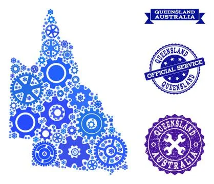 Collage Map of Australian Queensland with Cogs and Grunge Seals for Service Stock Illustration