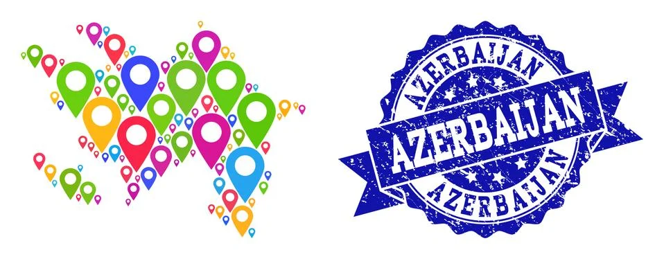 Collage Map of Azerbaijan with Map Pointers and Scratched Seal Illustrazione stock