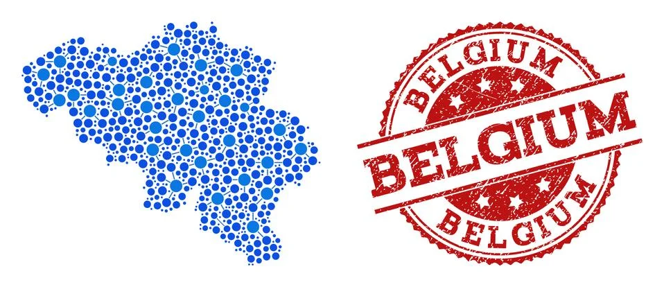 Collage Map of Belgium with Connected Points and Grunge Seal 스톡 일러스트