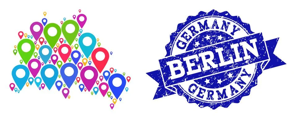 Collage Map of Berlin City with Map Pointers and Scratched Seal Illustrazione stock