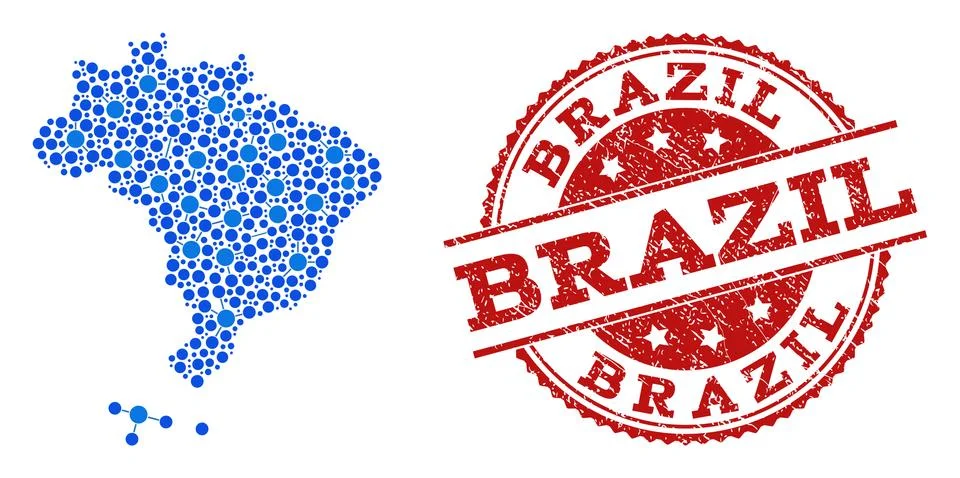 Collage Map of Brazil with Linked Points and Grunge Seal Illustrazione stock