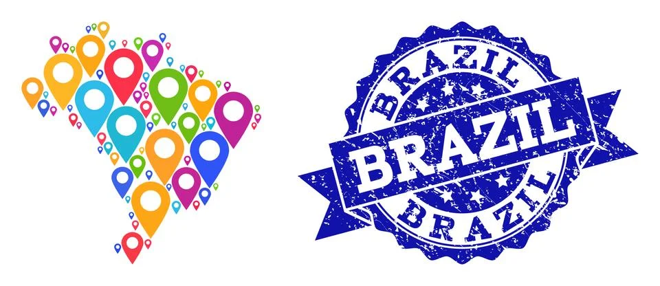 Collage Map of Brazil with Map Pointers and Textured Stamp Stock Illustration