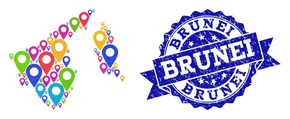 Collage Map of Brunei with Map Pointers and Textured Stamp Stock Illustration