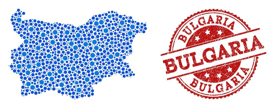 Collage Map of Bulgaria with Connected Points and Grunge Stamp Stock Illustration
