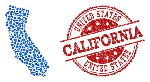 Collage Map of California with Connected Points and Grunge Seal イラスト素材