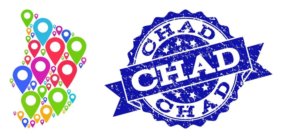 Collage Map of Chad with Map Pointers and Grunge Seal 스톡 일러스트